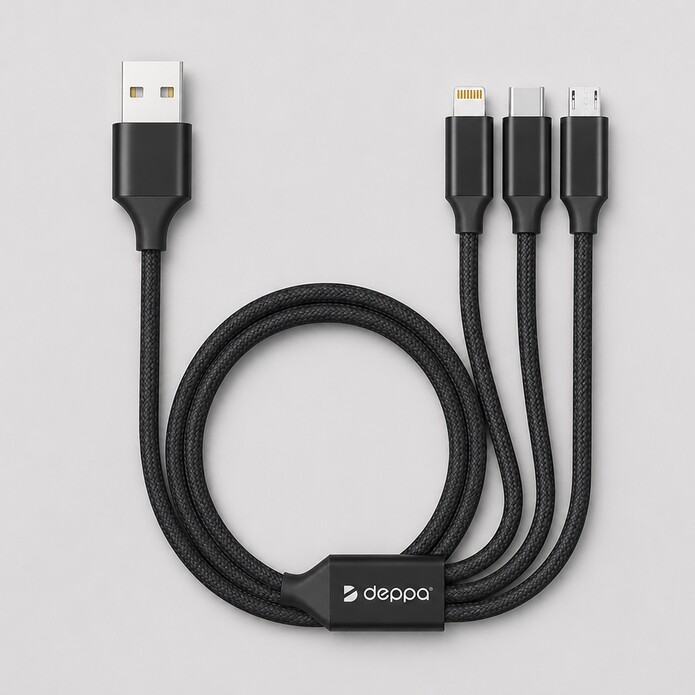 Дата-кабель 3 в 1: micro USB, USB-C, Ligthning, алюминий, 1.2м, черный, Deppa