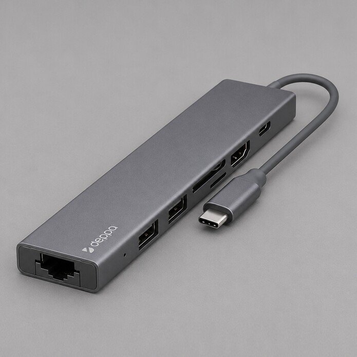 USB Type-C хаб 7-в-1, HDMI, Power Delivery, 2xUSB 3.0, RJ45, microSD/SD, графит, Deppa