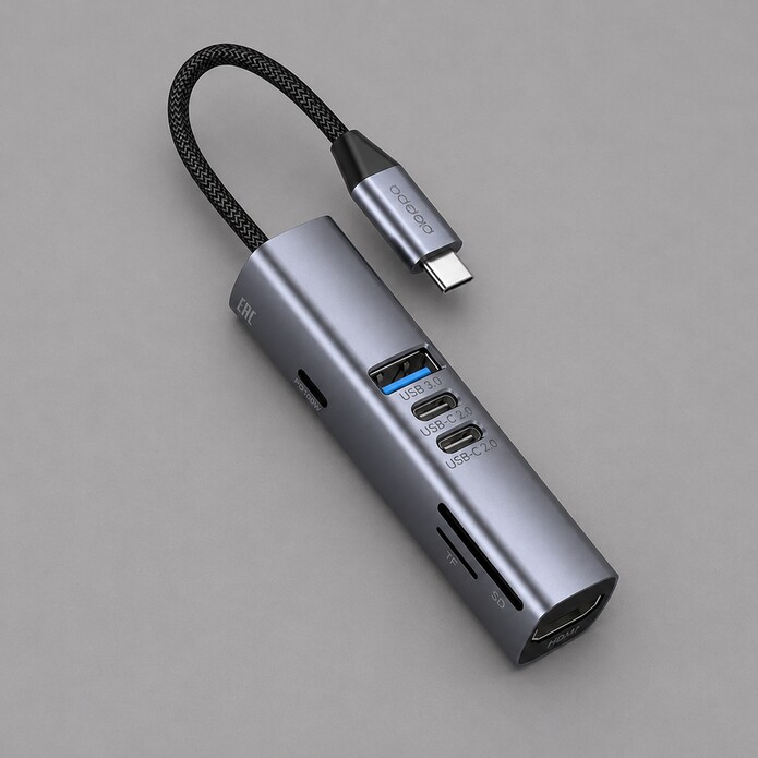 USB-хаб 7 в 1 USB-C - USB-A3.0 + 2хUSB-C + USB-C PD100Вт + HDMI + SD + microSD, серый, Deppa