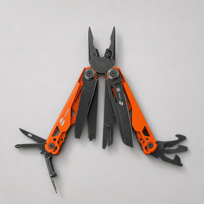 Мультитул Stinger, 107 х 19 мм, 19 функций, сталь, оранжевый корпус, стоунвош, в картонной коробке, в комплекте нейлоновый чехол