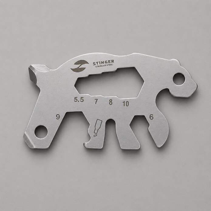 Мини-мультитул карманный Stinger, 55 x 35 мм, 5 функций, медведь, нержавеющая сталь, серебристый, в блистере