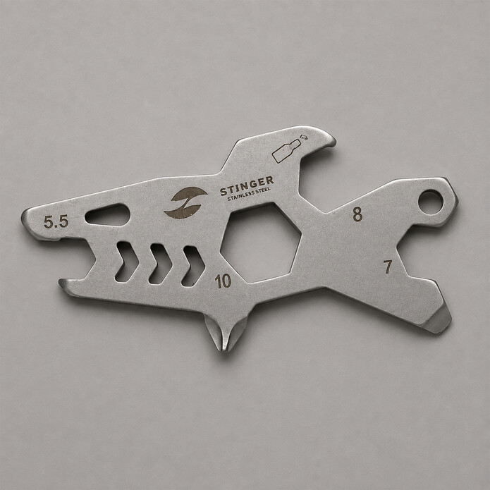 Мини-мультитул карманный Stinger, 60 x 31 мм, 5 функций, акула, нержавеющая сталь, серебристый, в блистере