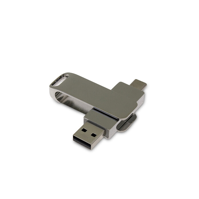 USB 2.0- флешка на 128 Гб поворотный механизм 2 в 1, c дополнительным разъемом Type-C с одноцветным металлическим клипом, серебристый
