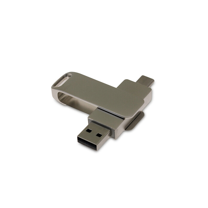 USB 2.0- флешка на 128 Гб поворотный механизм 2 в 1, c дополнительным разъемом Type-C с одноцветным металлическим клипом, серый