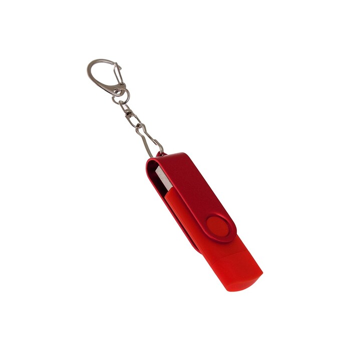 USB-флешка на 32 Гб 2 в 1 поворотный механизм, c дополнительным разъемом Type-C с одноцветным металлическим клипом, красный