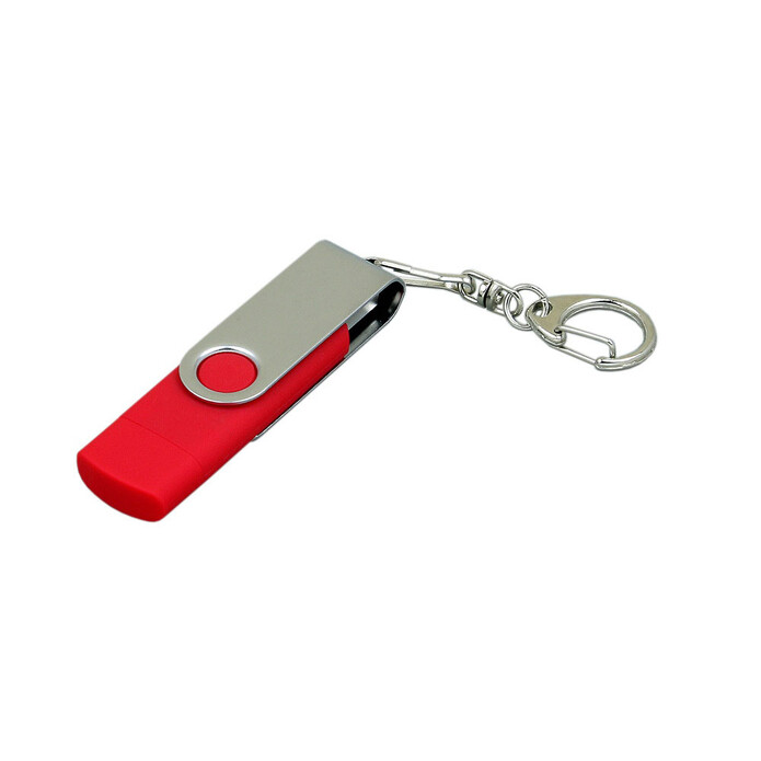 Флешка с  поворотным механизмом, c дополнительным разъемом Micro USB, 64 Гб, красный